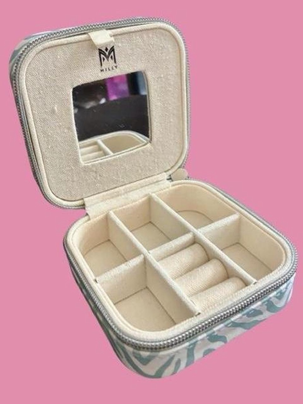 Milly Cream and Teal Patterned Travel Jewelry Organizer
